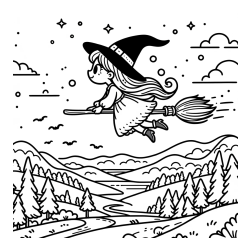 Coloring Book of a Witch Flying on a Broom