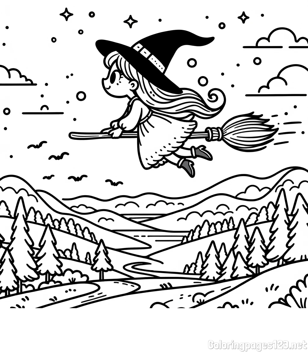 Coloring Book of a Witch Flying on a Broom