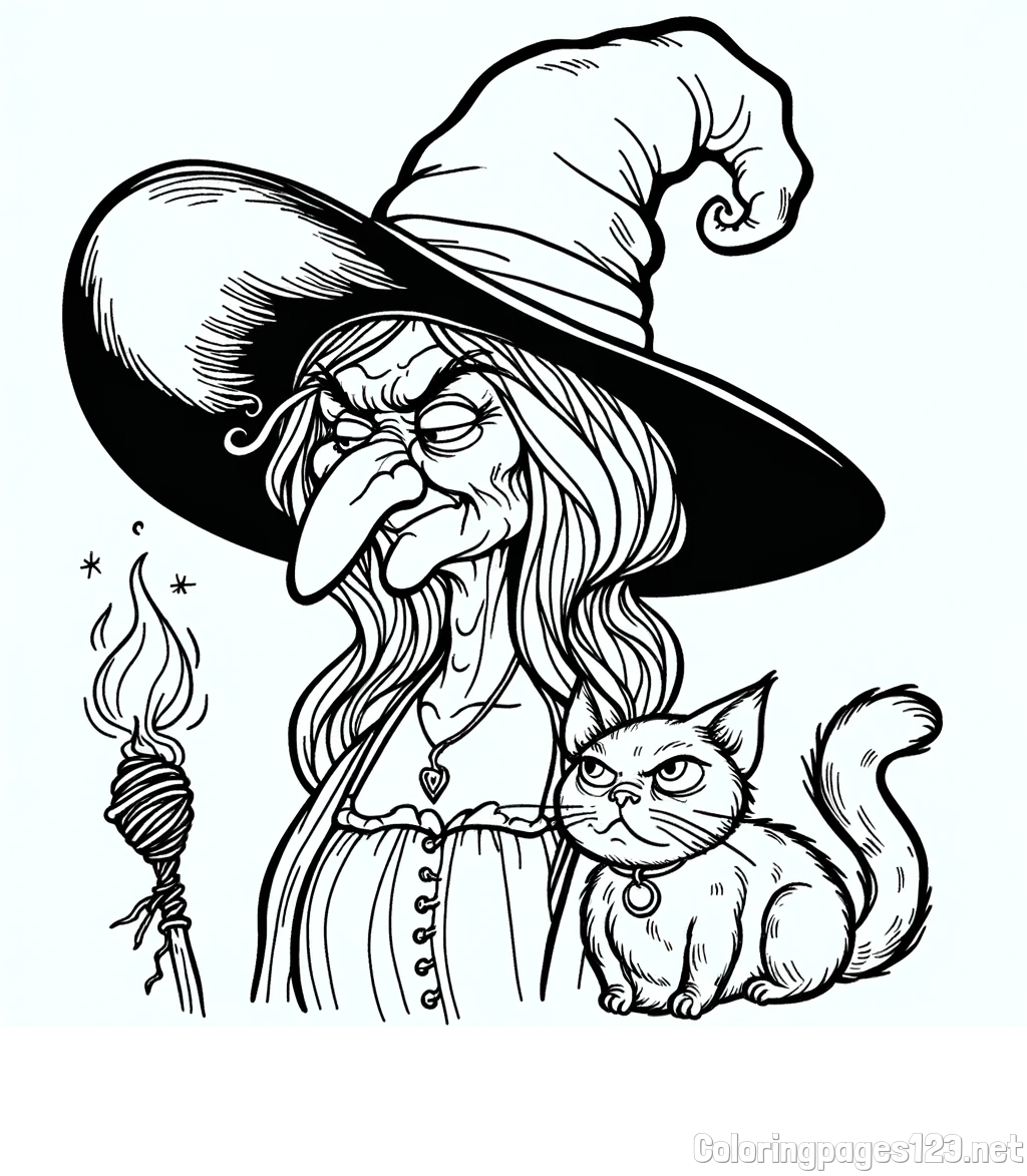 Coloring Page of an Evil Old Witch and a Cat