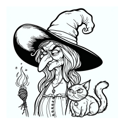 Coloring Page of an Evil Old Witch and a Cat