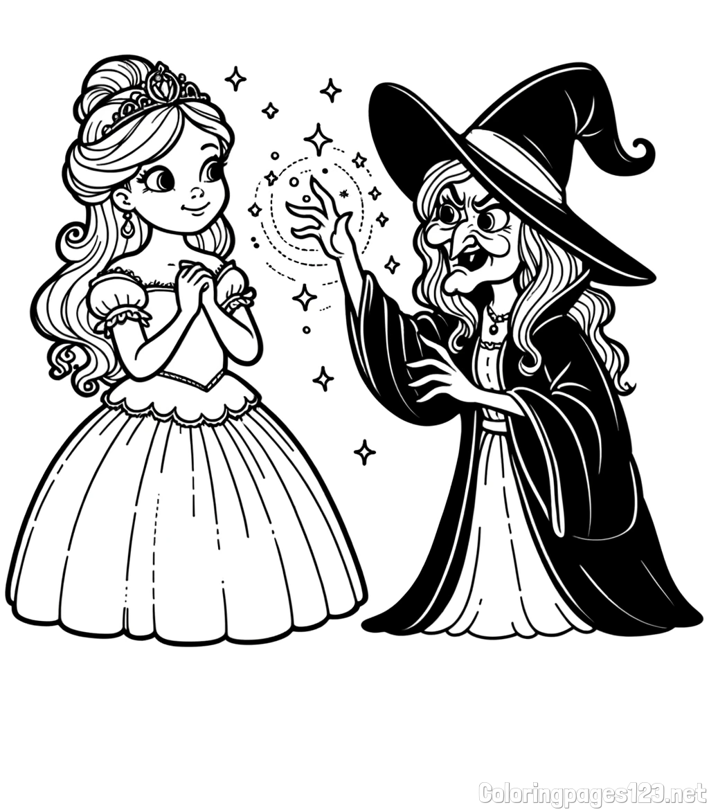 Coloring Page of an Evil Witch Trying to Enchant a Princess