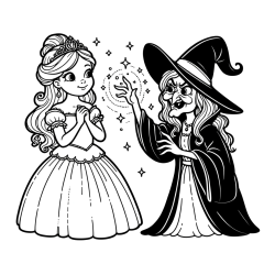 Coloring Page of an Evil Witch Trying to Enchant a Princess