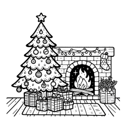 Coloring Page of a Christmas Tree with Presents and a Fireplace