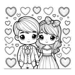 Coloring Page of a Couple Surrounded by Hearts