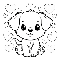 Coloring Page of a Cute Dog and Hearts