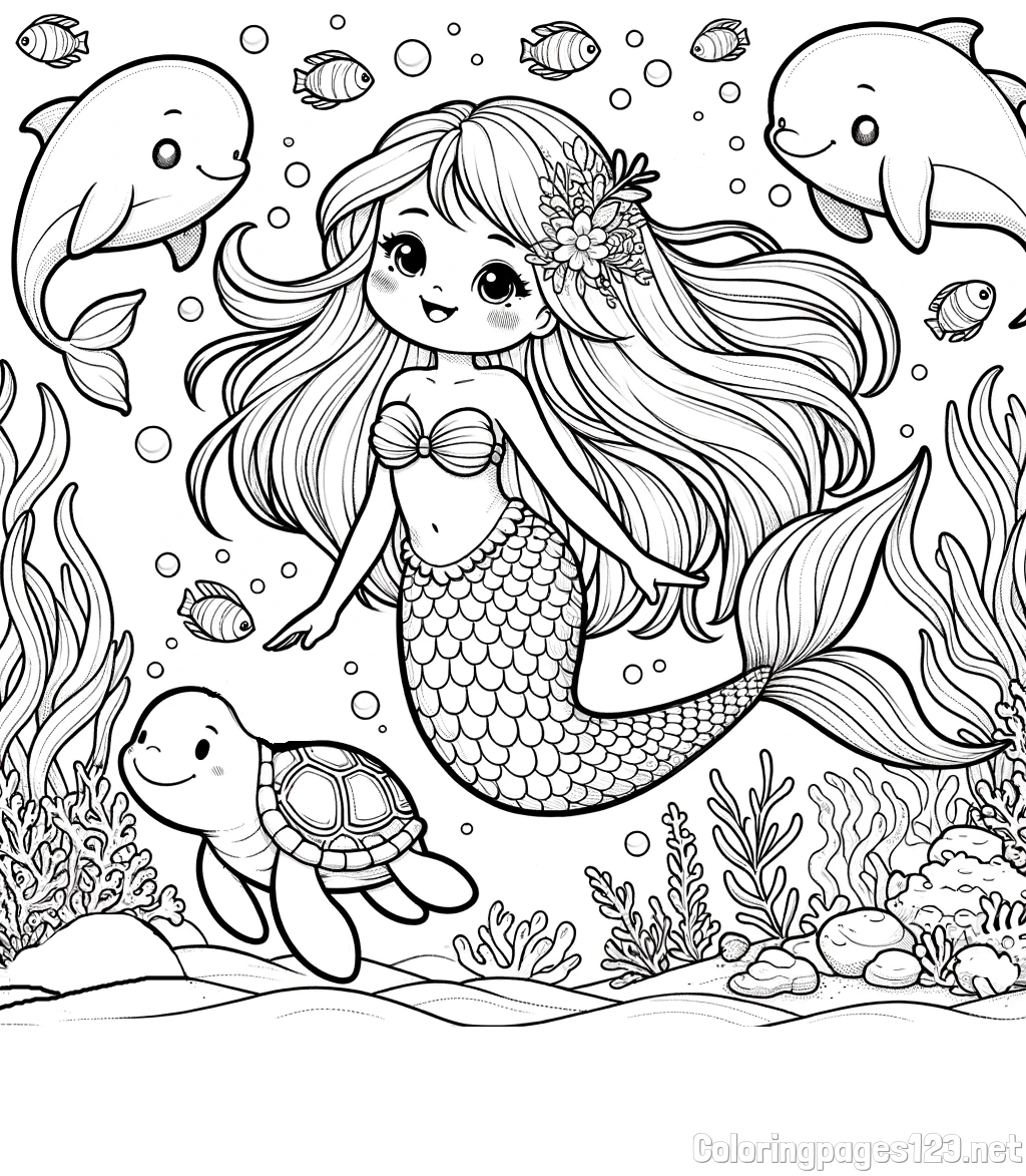 Coloring Page of a Cute Mermaid with Friends
