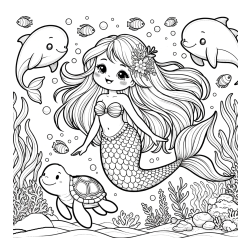 Coloring Page of a Cute Mermaid with Friends