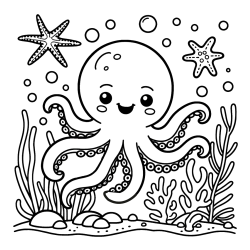 Coloring Page of a Cute Octopus in the Ocean