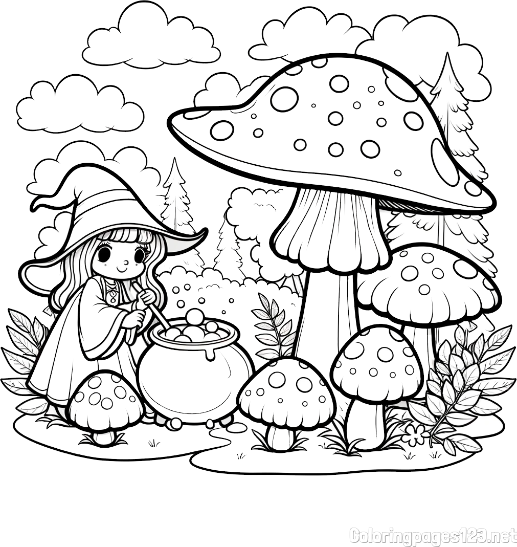 Coloring Page of a Cute Witch, Mushrooms, and a Forest
