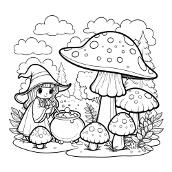 Coloring Page of a Cute Witch, Mushrooms, and a Forest