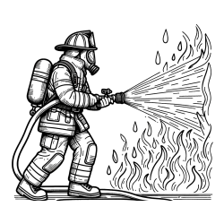 Coloring page of a firefighter extinguishing a large fire