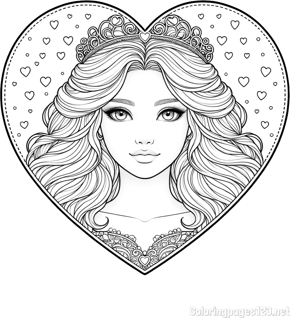 Coloring Page of a Princess in a Heart