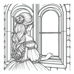 Coloring Page of a Princess Looking Through a Window