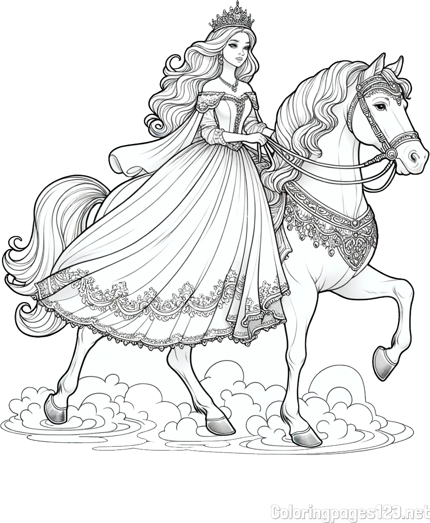 Coloring Page of a Princess on a Horse (realistic)