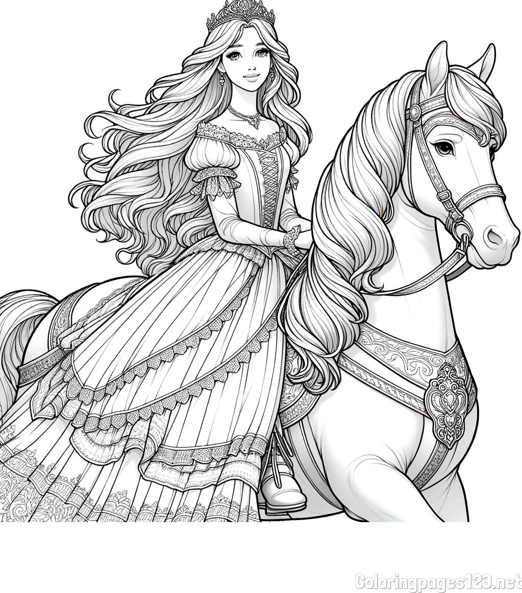 Coloring Page of a Princess Riding a Horse