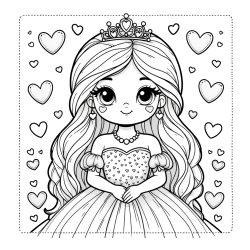 Coloring Page of a Princess Surrounded by Hearts