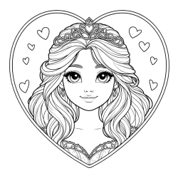 Coloring Page of a Smiling Princess with Big Eyes in a Heart