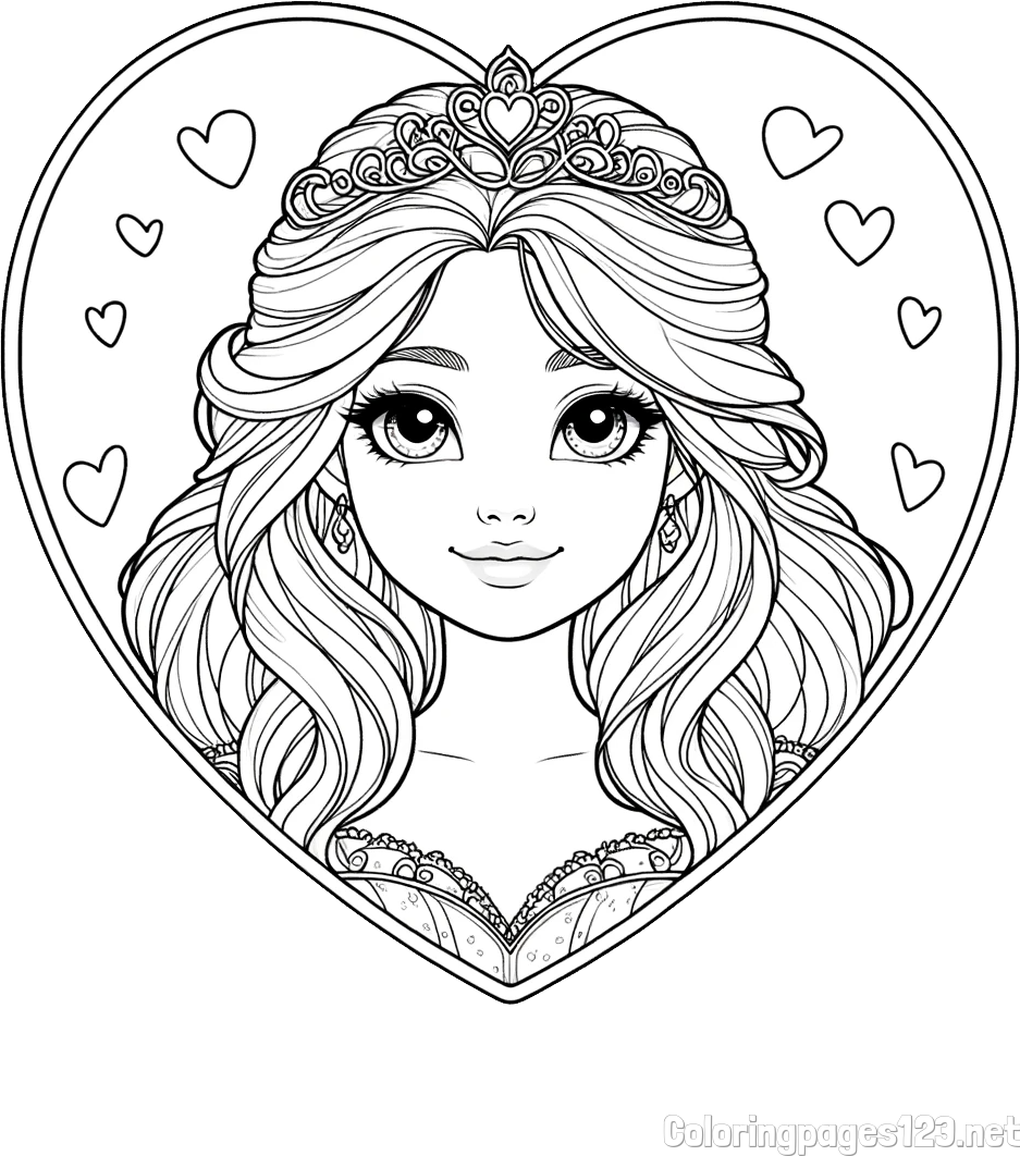 Coloring Page of a Smiling Princess with Big Eyes in a Heart