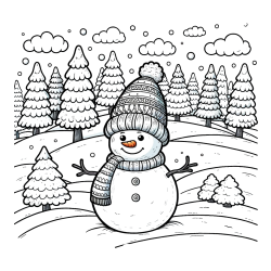 Coloring Page of a Snowman with Pine Trees in the Background
