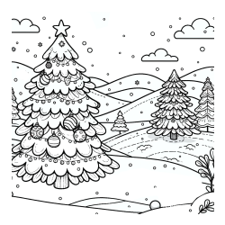 Coloring Page of a Snowy Landscape and a Christmas Tree
