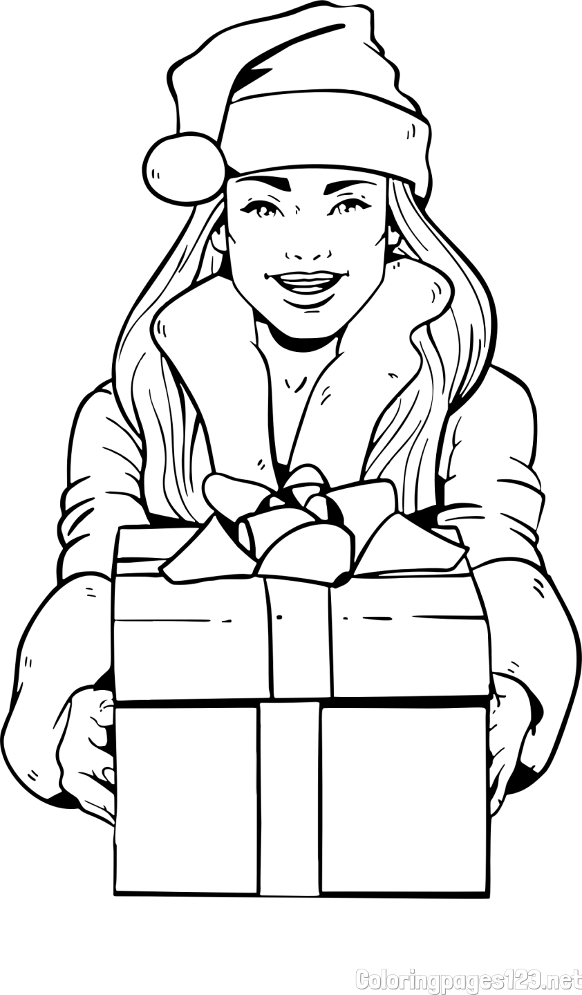 Coloring Page of a Woman with a Christmas Present