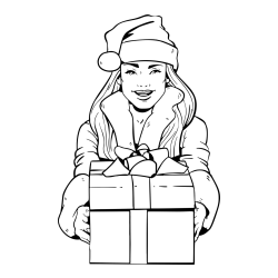 Coloring Page of a Woman with a Christmas Present