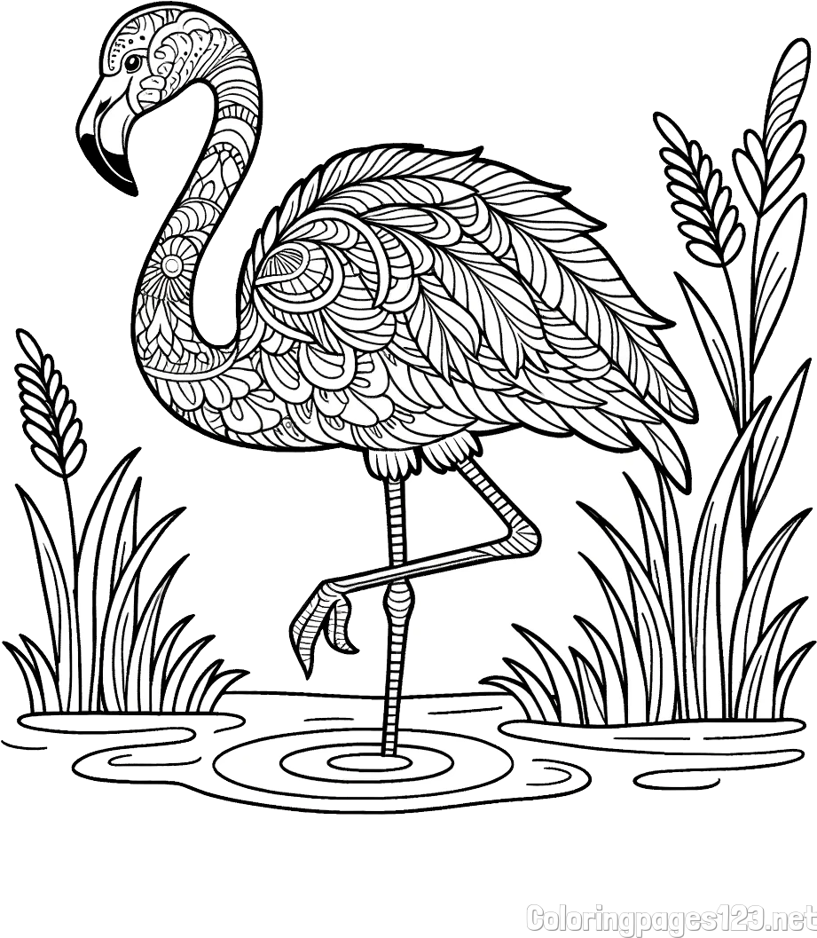 Coloring Page of an Artistically Depicted Flamingo