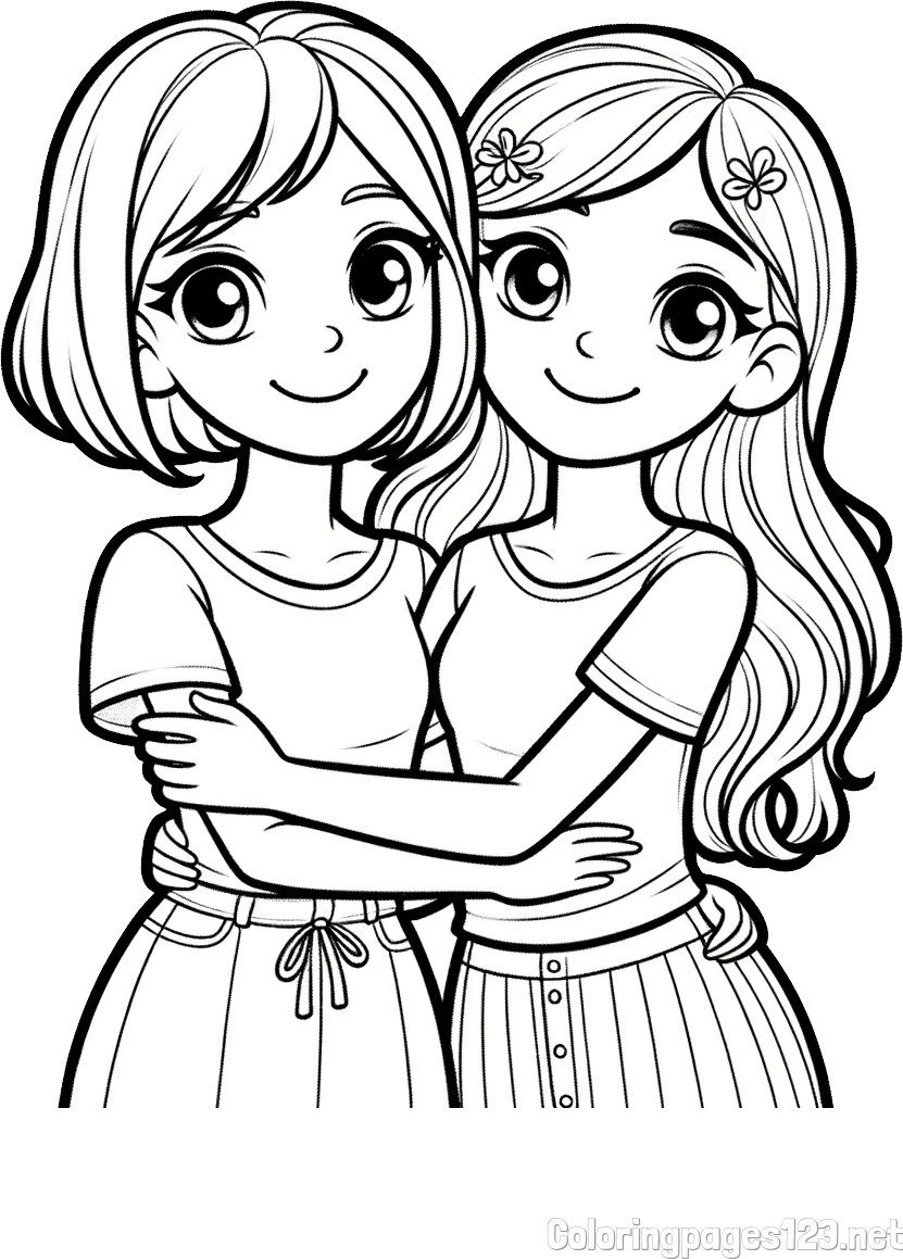 Coloring Page of Two Cute Girls Hugging Each Other (Best Friends Forever)
