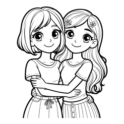 Coloring Page of Two Cute Girls Hugging Each Other (Best Friends Forever)