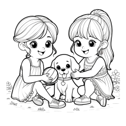 Coloring Page of Two Girls with a Dog