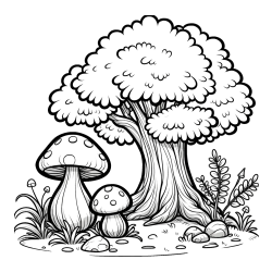 Coloring Page of Two Mushrooms and a Big Tree