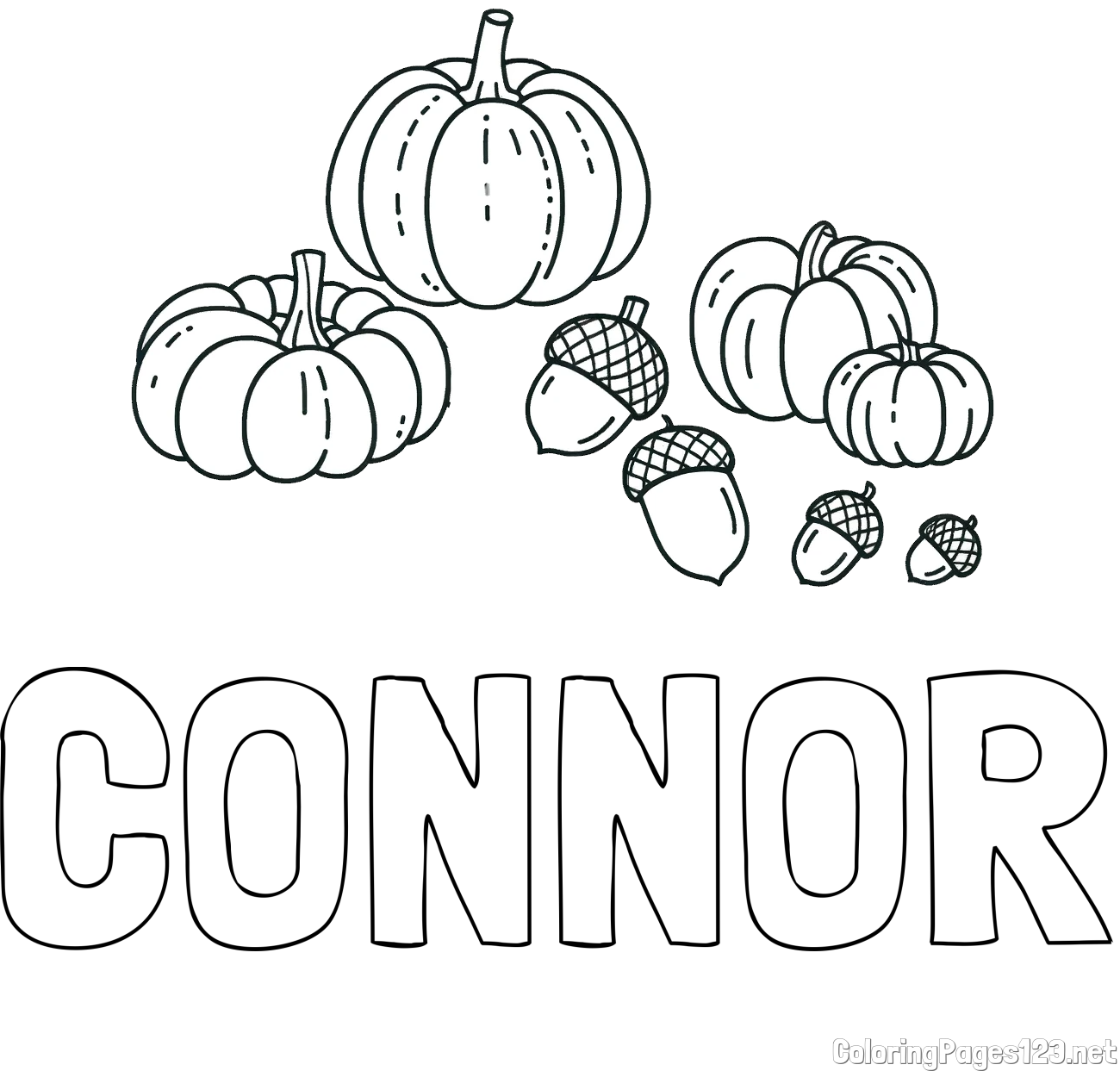 CONNOR Coloring Page and Autumn Harvest Coloring Page - Acorns and Pumpkins