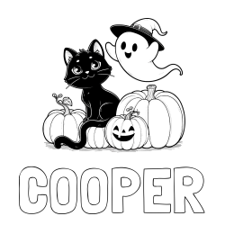 Online Created Coloring Page - COOPER Coloring Page and Halloween Pumpkin Coloring Page for Kids - Happy Cat, Ghost, and Pumpkins