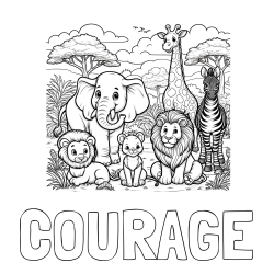 Online Created Coloring Page - COURAGE Coloring Page and Beautiful Animal Coloring Page - Lion Family, Elephant, Giraffe, and Zebra