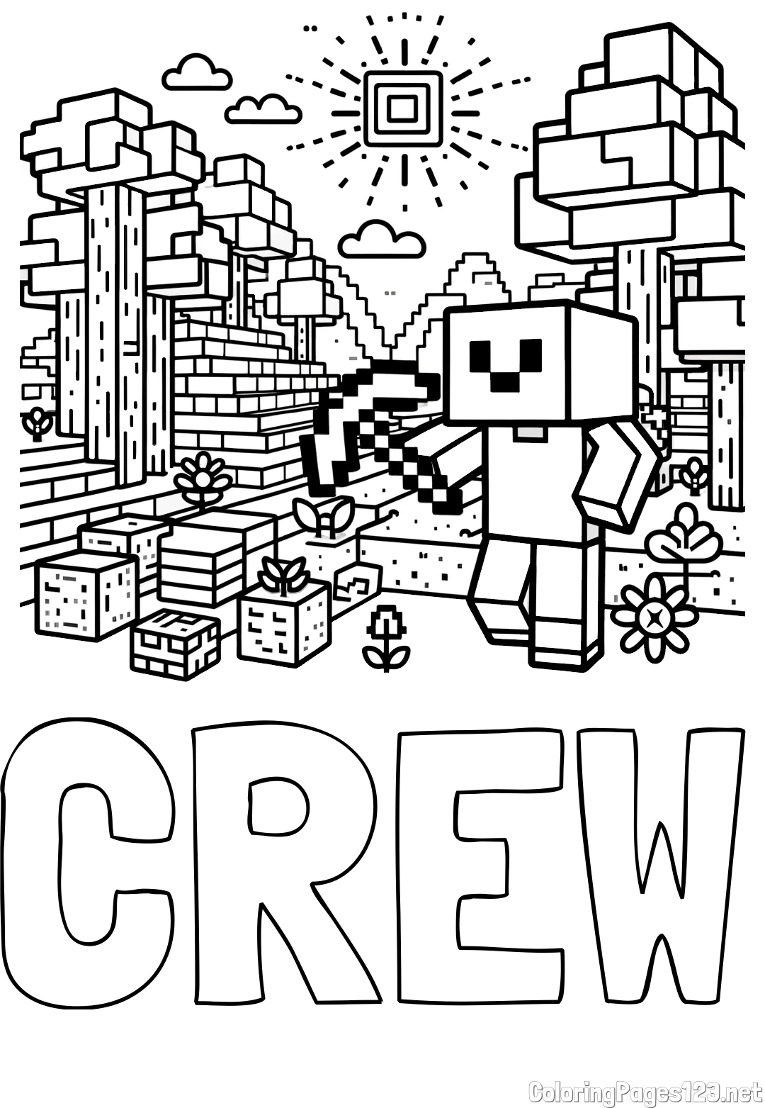 CREW Coloring Page and Minecraft World Coloring Page