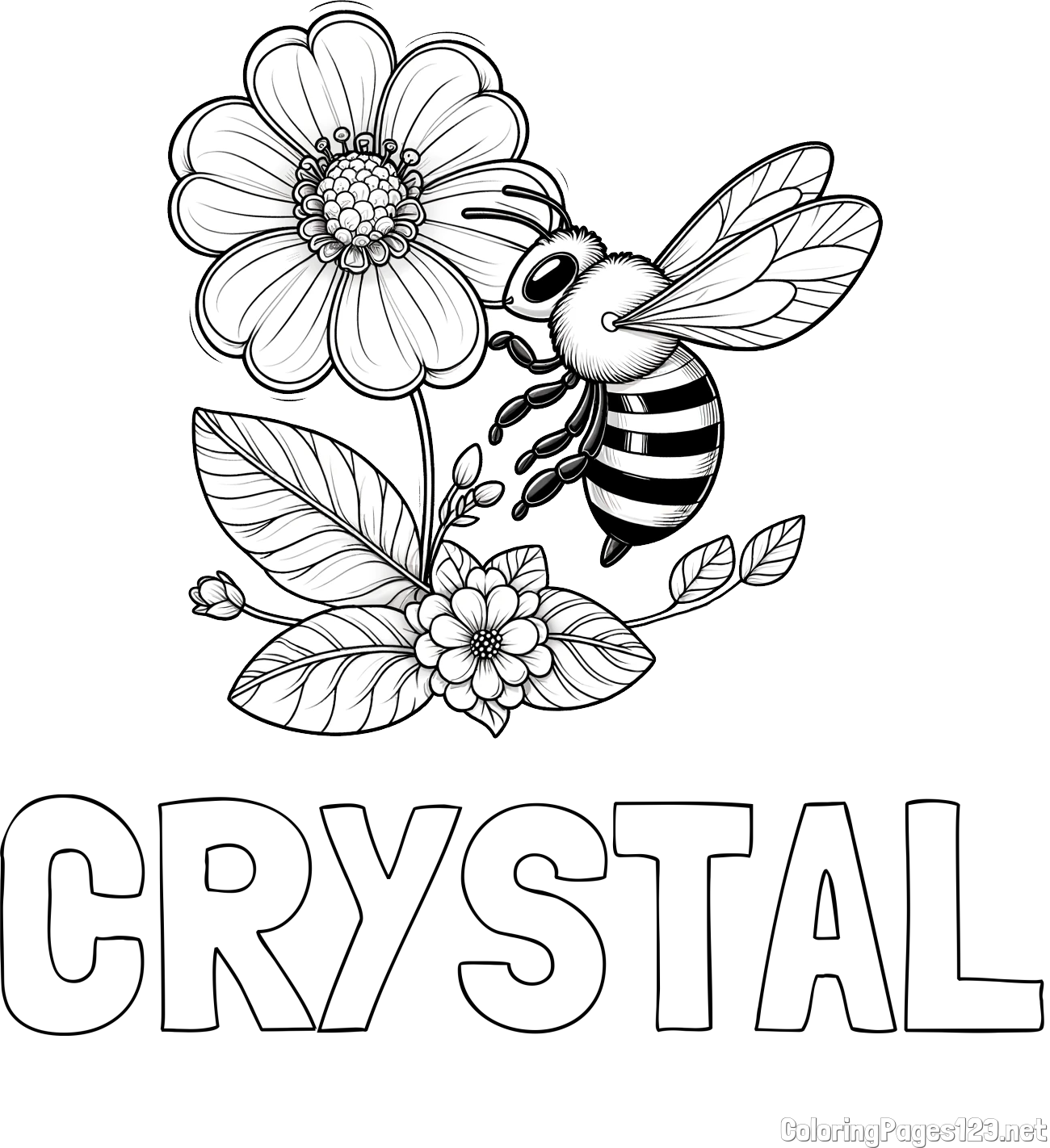 CRYSTAL Coloring Page and Children's Coloring Book of a Little Bee and Flowers