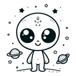 Cute Alien Coloring Page - Smiling with Planets and Stars