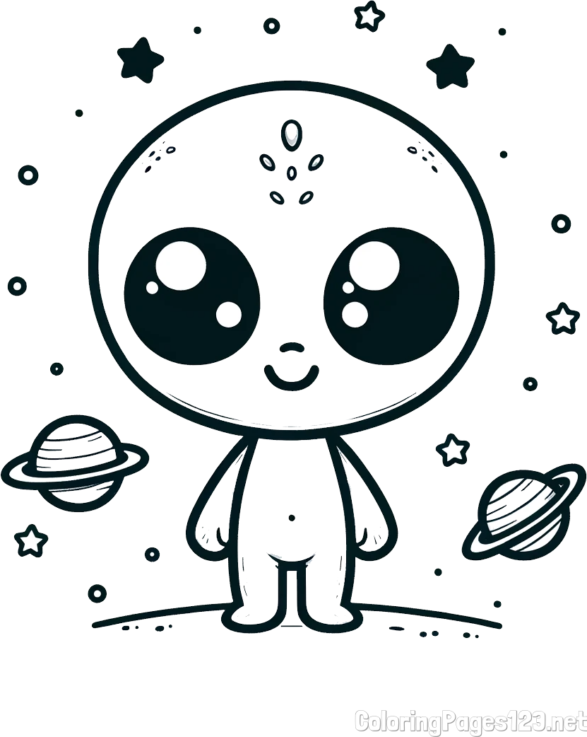 Cute Alien Coloring Page - Smiling with Planets and Stars