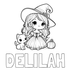 Online Created Coloring Page - DELILAH Coloring Page alongside Coloring Page of a Cute Witch and a Cat