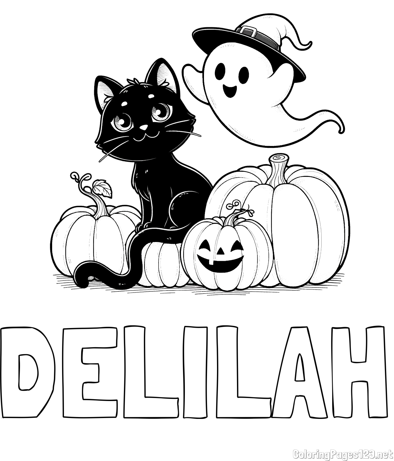 DELILAH Coloring Page and Halloween Pumpkin Coloring Page for Kids - Happy Cat, Ghost, and Pumpkins