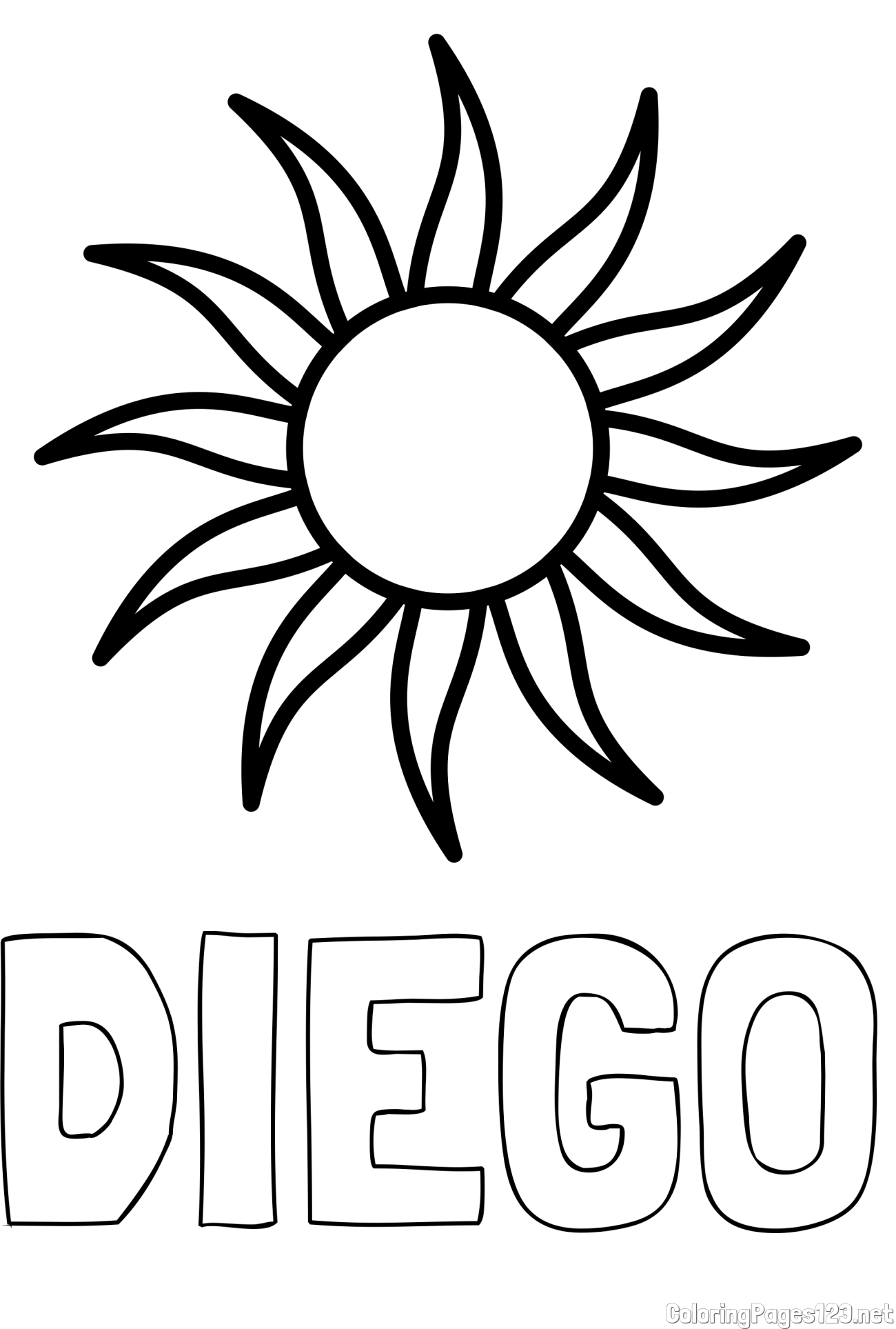 DIEGO Coloring Page and Simple Sun Coloring Page for Kids