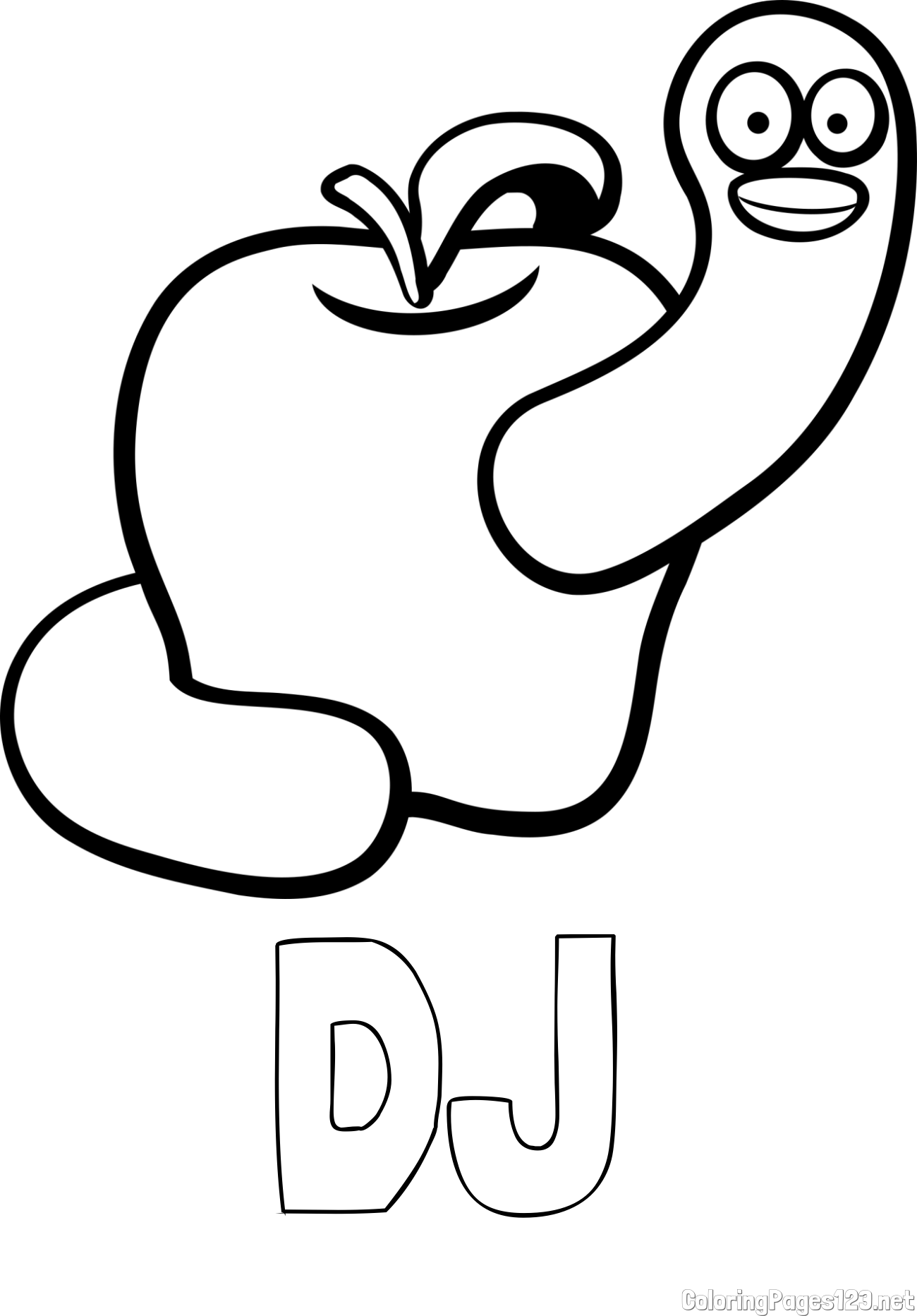 DJ Coloring Page and Apple and Smiling Worm Coloring Page