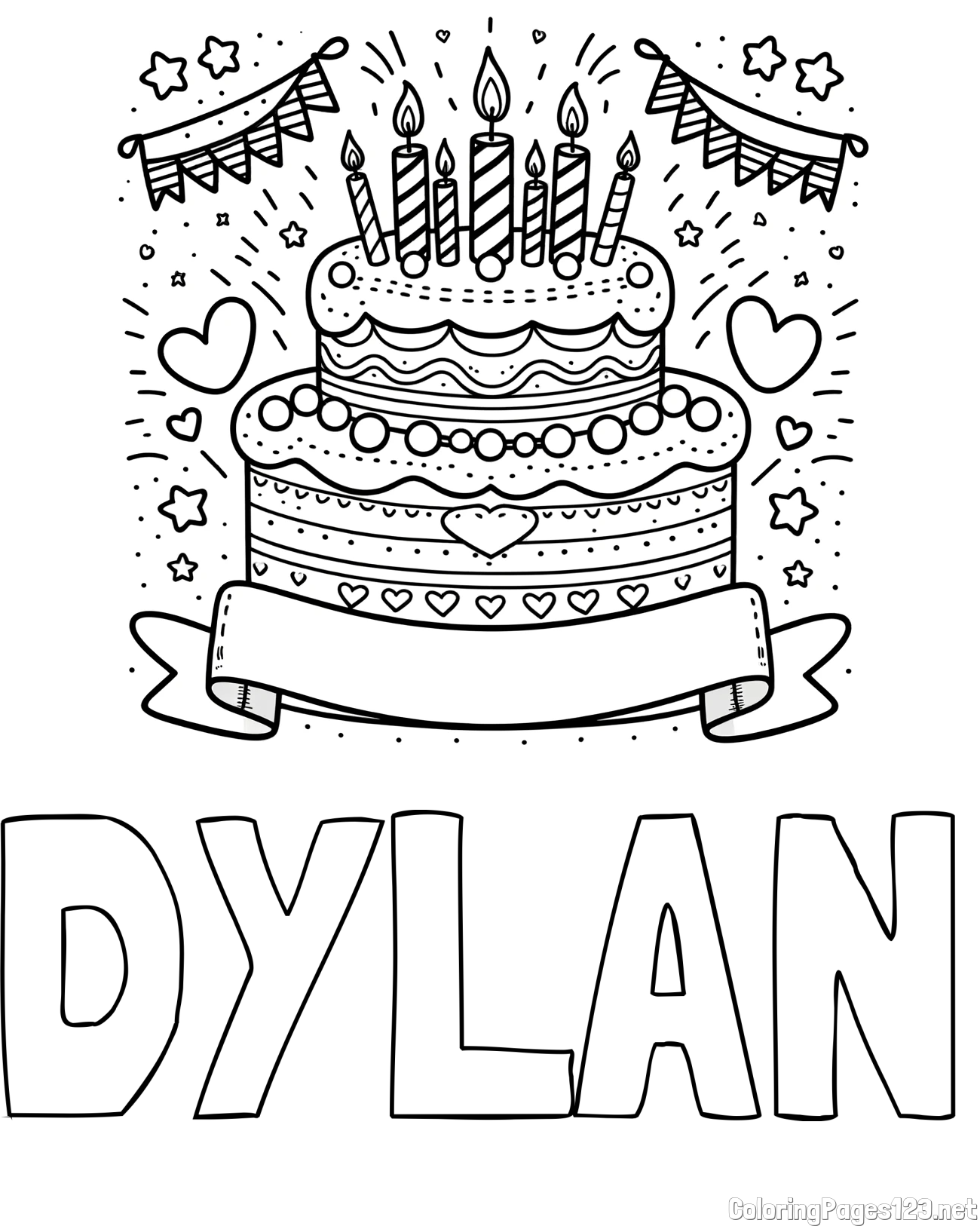 DYLAN Coloring Page and Cute Birthday Cake Coloring Page