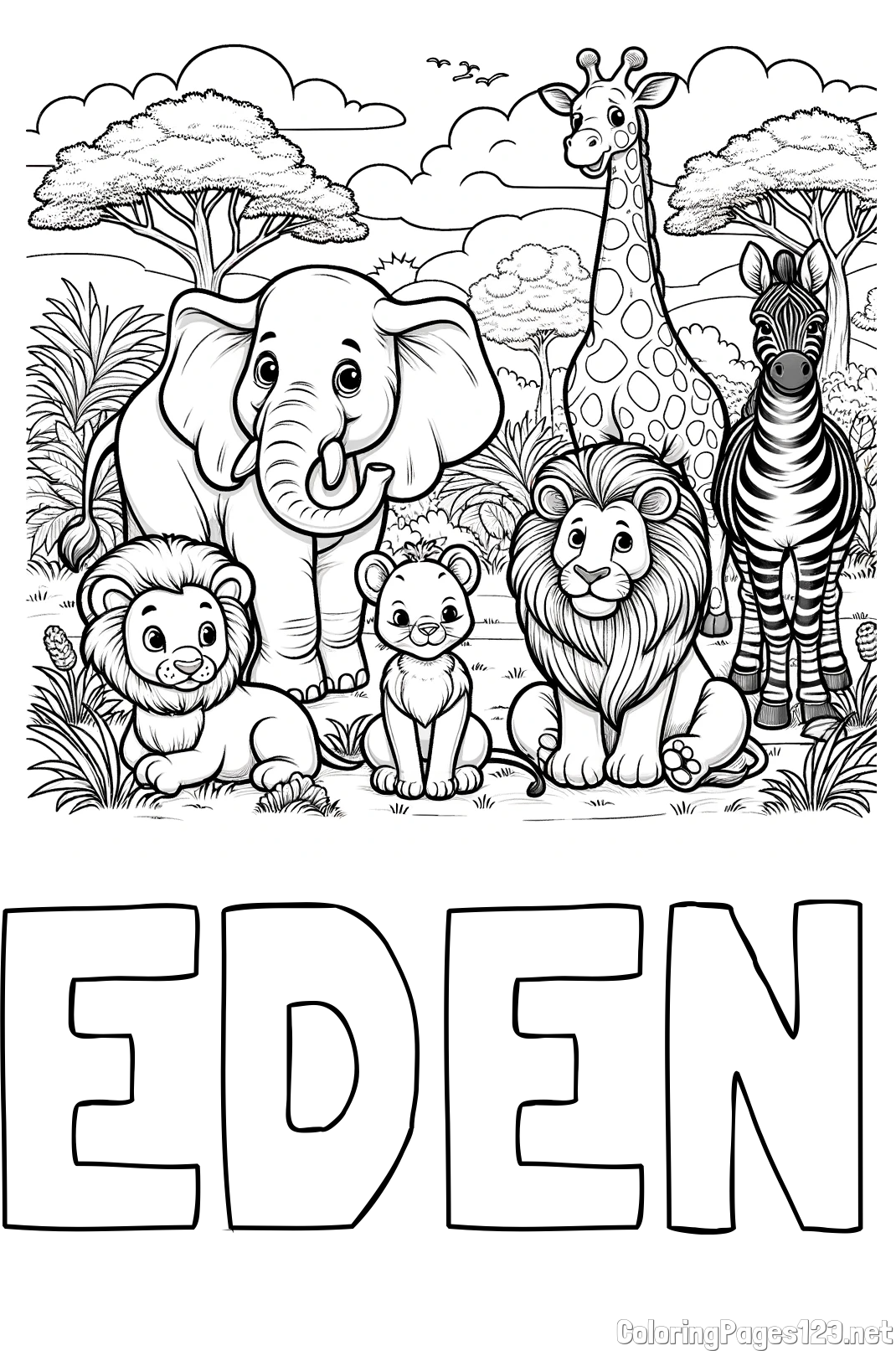 EDEN Coloring Page and Beautiful Animal Coloring Page - Lion Family, Elephant, Giraffe, and Zebra