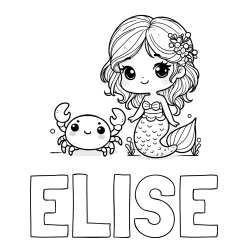 Online Created Coloring Page - ELISE Coloring Page and Coloring Page of a Cute Mermaid and a Cheerful Crab