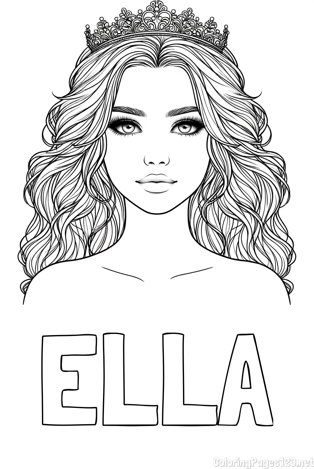ELLA Coloring Page alongside Coloring Page of a Princess with a Crown
