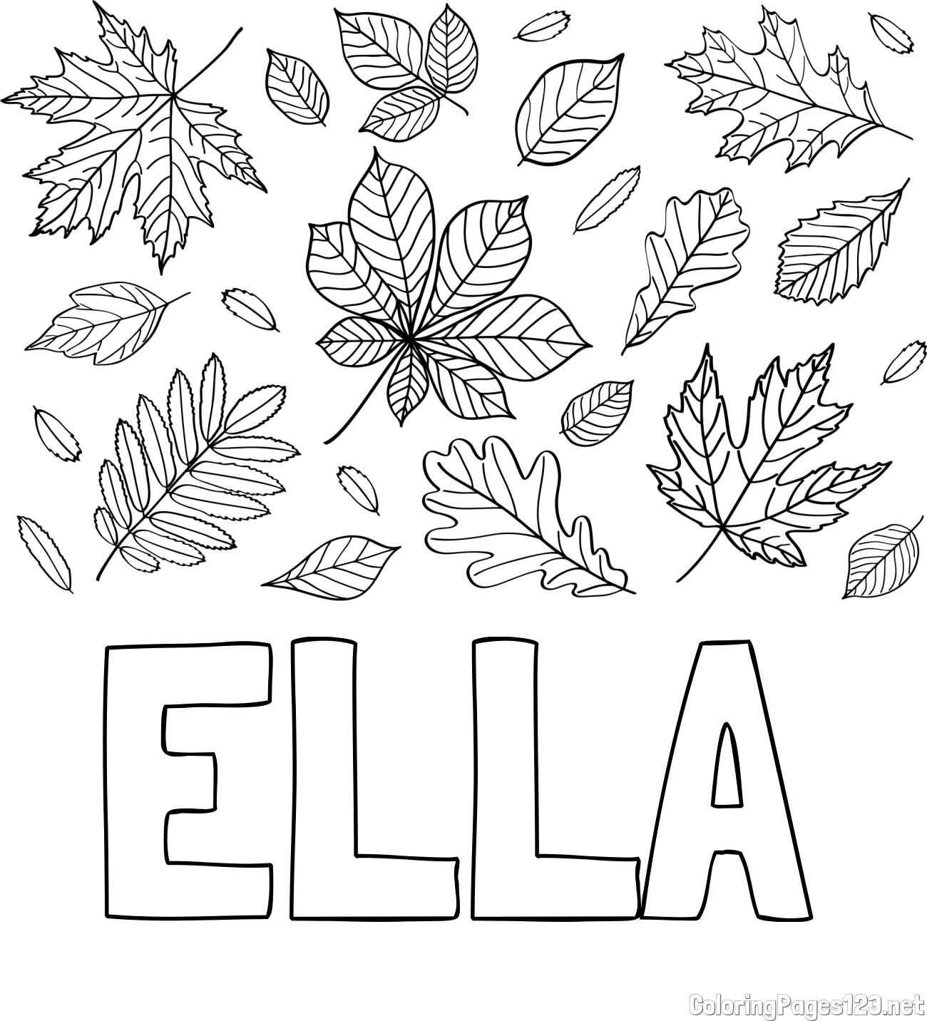 ELLA Coloring Page and Autumn Leaves Coloring Page