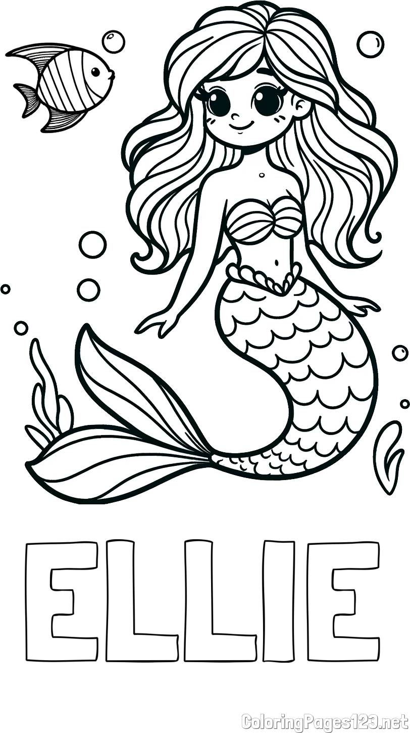 ELLIE Coloring Page and Coloring Page of a Little Mermaid and Fish