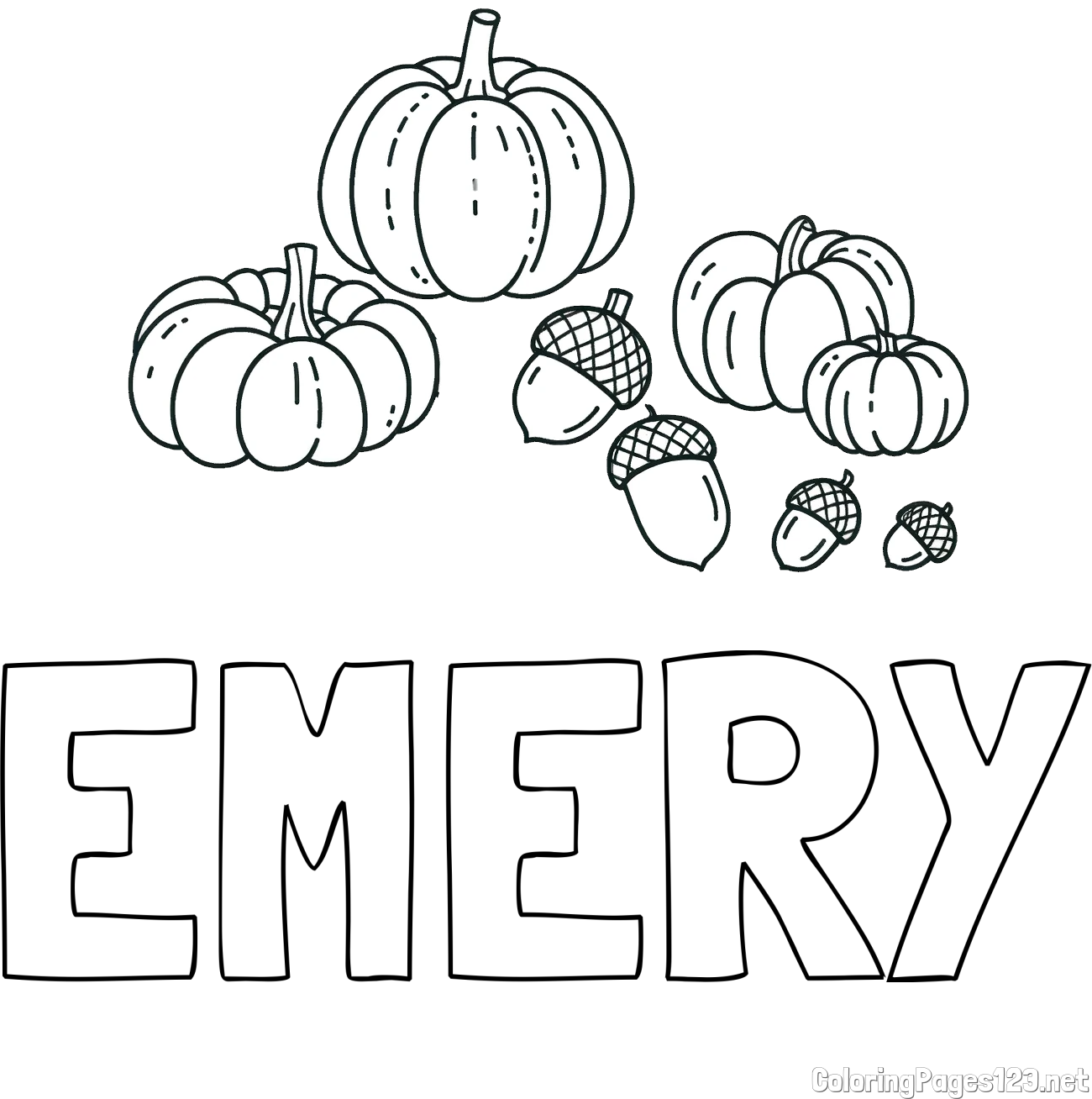 EMERY Coloring Page and Autumn Harvest Coloring Page - Acorns and Pumpkins