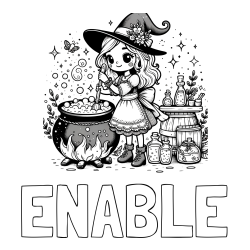 Online Created Coloring Page - ENABLE Coloring Page and Coloring Page of a Cute Witch Preparing a Magic Potion